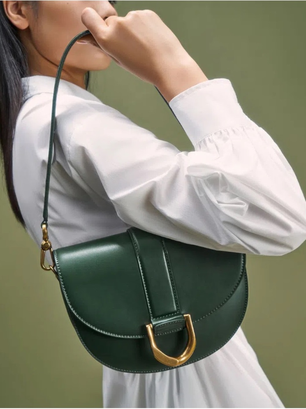 Charles & Keith Medium Gabine Saddle Bag - Rare Dark Green